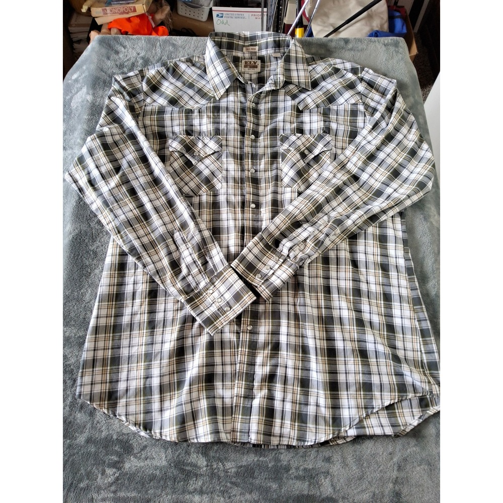 Ely Cattleman Western Pearl Snap Shirt Mens 2XLT Plaid Green Tall Long Sleeve
